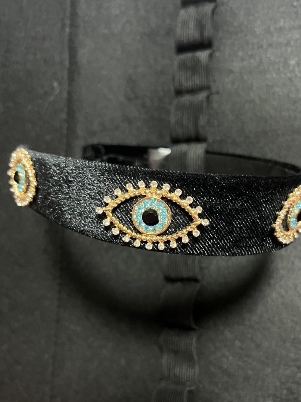 Black m Headband with Gold and Turquoise Evil Eye Embellishments